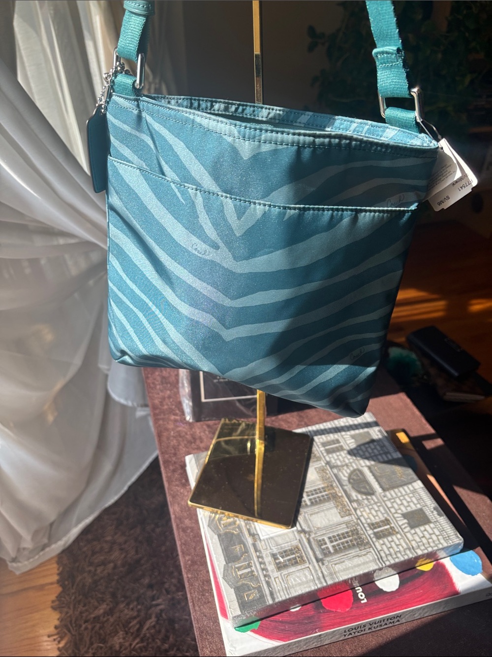 NWT* Coach Getaway Zebra Print Nylon Crossbody Bag Mineral Teal - Picture 3 of 5